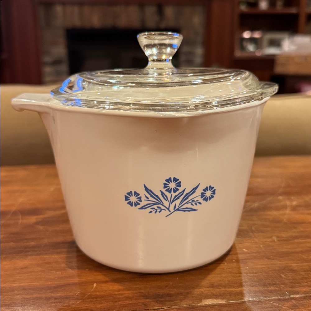 Vintage Corning Ware Blue Corn Flower 1 Quart Sauce Maker Glass Lid Measure Dish